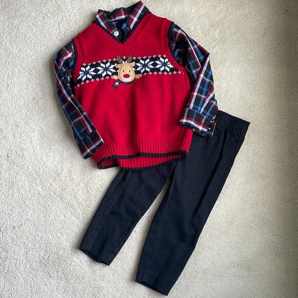 Izod Christmas Reindeer Snowflake Outfit Sweater Vest Shirt Pants Size 24 months - Picture 1 of 16
